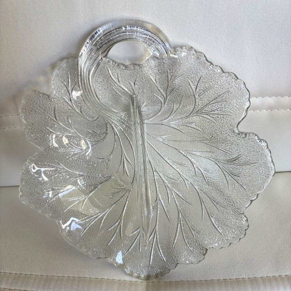 Vintage Clear Pressed Glass Divided Leaf Serving Dish 8.5" Handle Relish Candy
